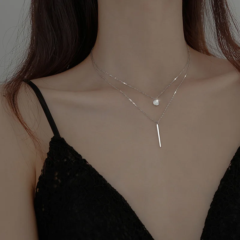 925 Sterling Silver Double layer Necklace Round Shiny Full Zircon Long pendant Necklaces Gift For Girl Fine Accessories NK062 image 3