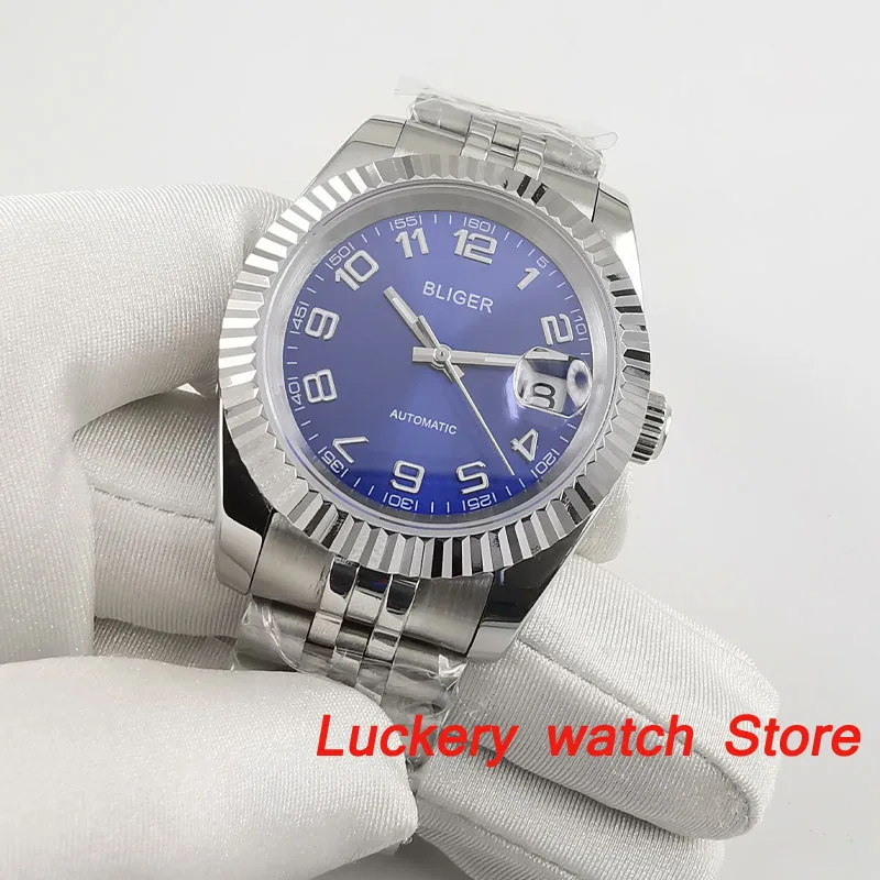 

39mm bliger men's watch blue dial luminous mark date sapphire glass miyota Automatic movement watch BA222