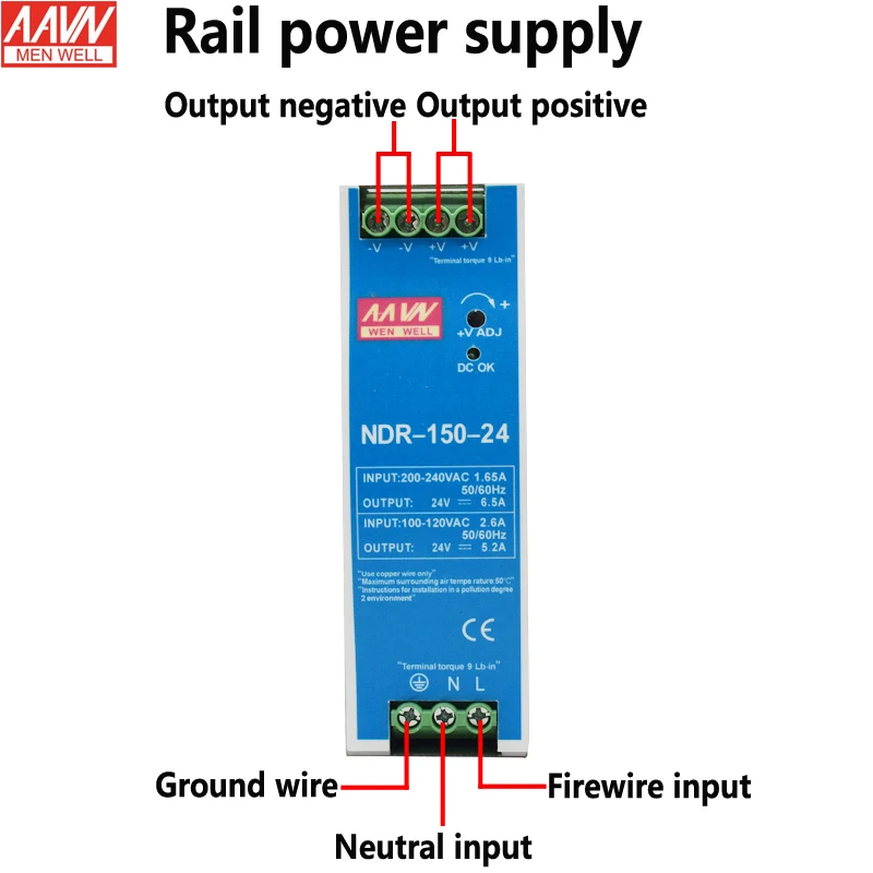 NDR-150 5V 12V 24V DIN rail switching power supply is easy to install and easy to operate, small space occupation