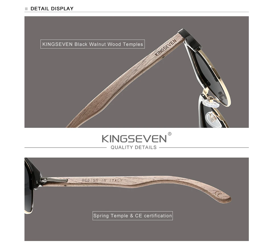 KINGSEVEN Marke Walnuss Sonnenbrille Männer Frauen Polarisierte UV400 Objektiv Holz Runde Rahmen Gläser Vintage Retro Luxus Brillen Patchwork – Detail 1