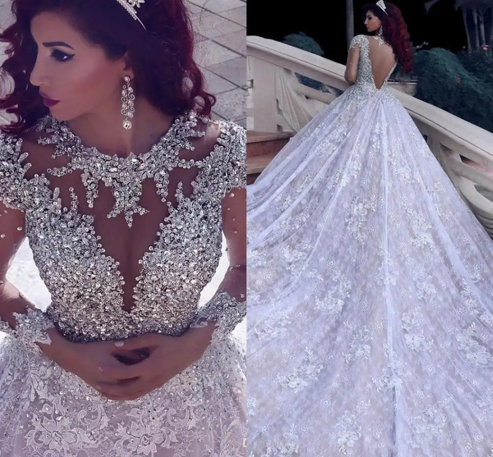 

2025 Luxury Beading Long Sleeves custom Wedding Dresses With Long Train Sequined Lace Arabic Bridal Gown Turke Robe De Mariage