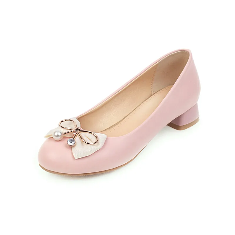 YMECHIC New Spring Med Heel Lolita Shoes Bead Rhinestone Butterfly-knot Slip on Block Chunky Heels Women Shoes Pumps Pink White