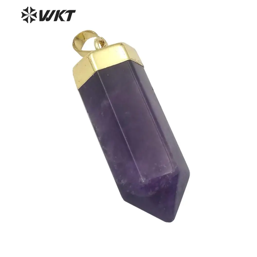 

WT-P1466 Natural Purple Quartz Point Stone Pendant Special Pencil Shape Handmade Gold Necklace For Women Fine Jewelry