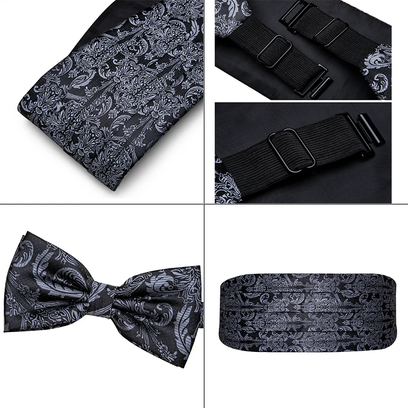 Lụa Họa Tiết Paisley Tuxedo Nam Cummerbund Thắt Nơ Túi Vuông Bộ Đen Form Rộng Dây Đàn Hồi Dành Cho Nam Tiệc Cưới Barry. Vương