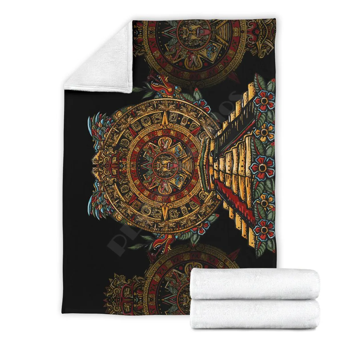 Aztec Sun Stone Tattoo  3D printed Sherpa Blanket on Bed Home Textiles Dreamlike HOME ACCESSORIES Drop shipping