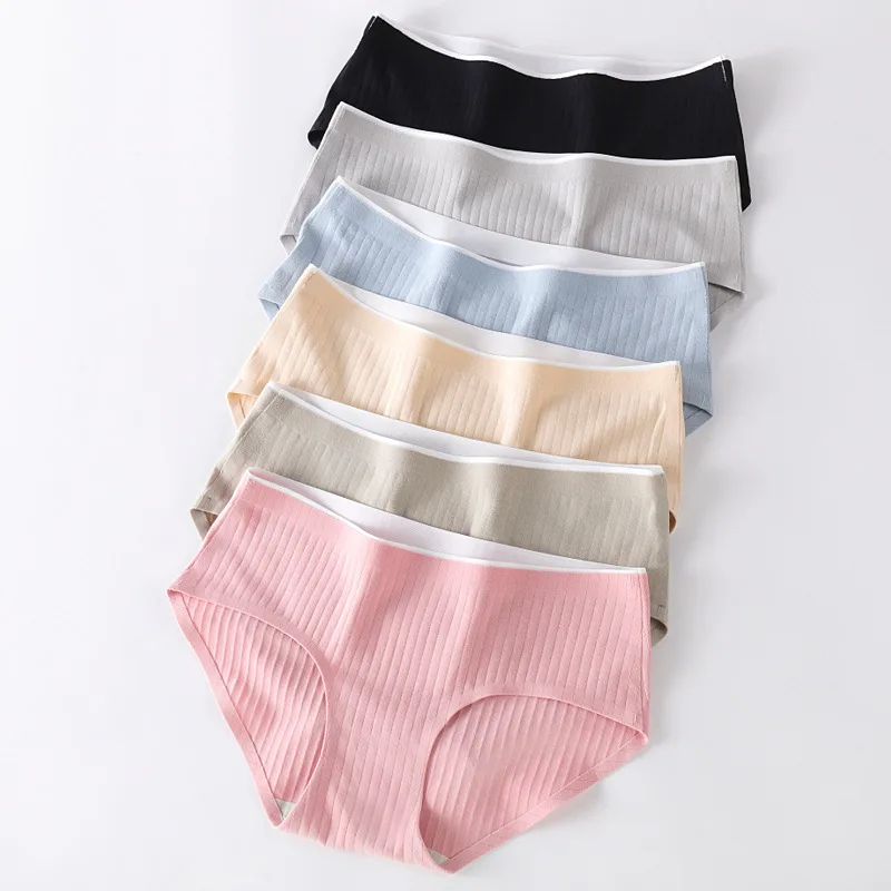 3Pcs Women's Underwear Cotton Seamless Stripes Panties Soild Color Skin- friendly Lingerie Woman Panty Low Waist M-XL Plus Size