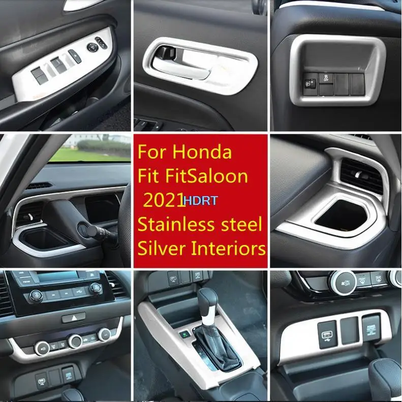 For Honda Fit FitSaloon 2021 Stainless steel Silver Interiors Armrest Window Glass Elevator Button Decoration Frame Cutout Cover