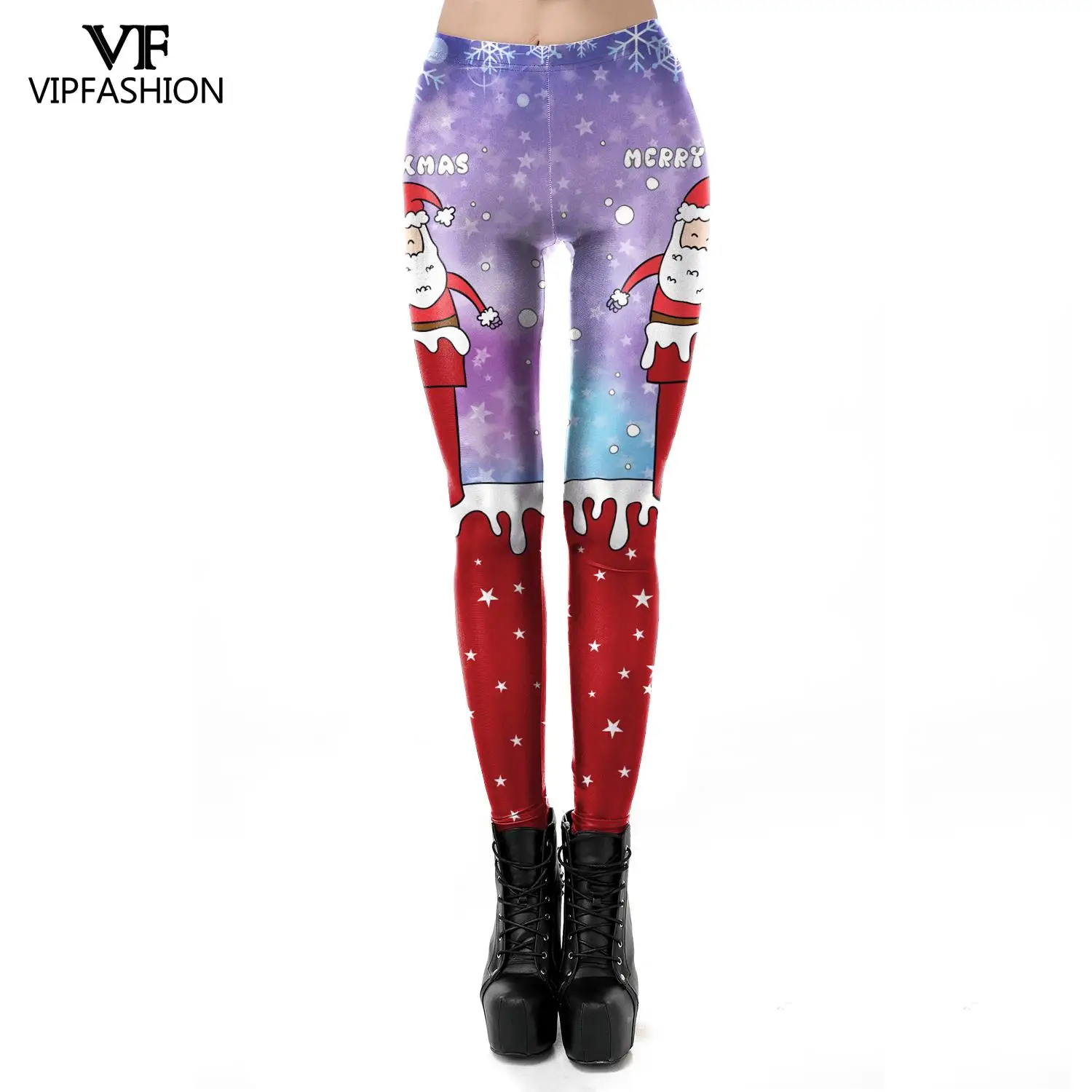 VIP FASHION Women Xmas Festival Leggings pant High Waist Autumn Winter Merry Christmas Hat Printed Leggins Sports Trousers