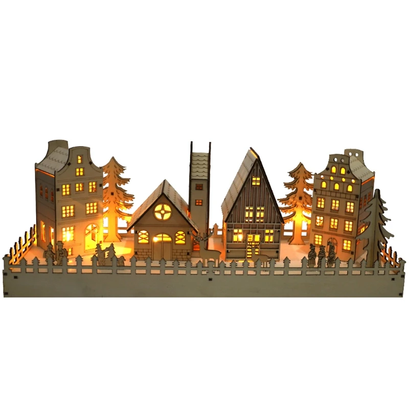 Christmas Wooden Village House Scene LED Lighted Luminous Xmas Tree Reindeer DIY Blank Ornament Holiday Desktop Decor