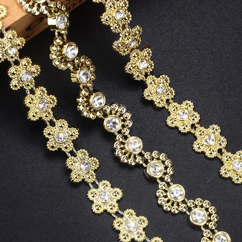 5 Yards/Lot Gold Rhinestone Flower Chain Resin Crystal Sewing Lace Beaded Plastic Base Trimming For Shoes Bag Clothes Decoration