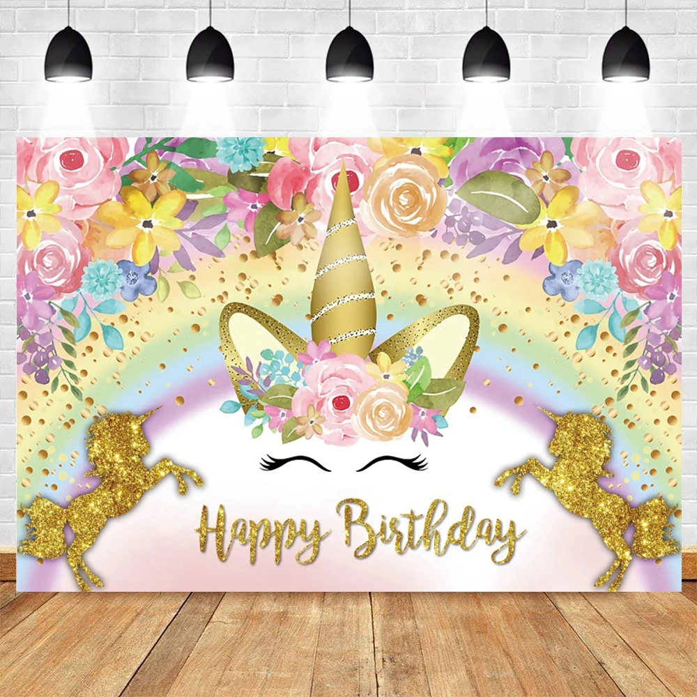 

Unicorn Birthday Backdrop Happy Birthday Photo Background Girls Unicorn Birthday Party Decoration Gold Glitter Unicorn Backdrop