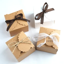 Wave Kraft Paper Box with ribbons and tags wedding baby shower favors candy box gift packing boxes vintage party favours 10pcs