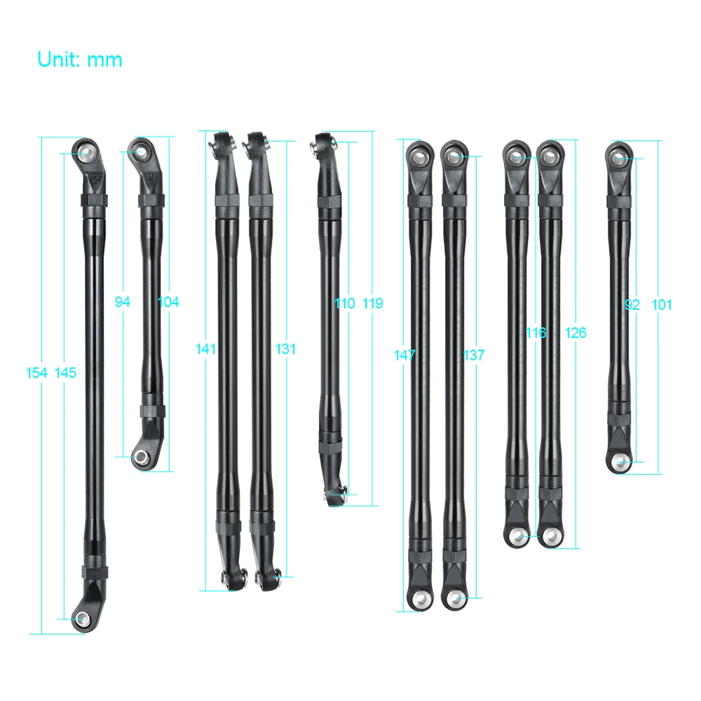 YEAHRUN 10pcs/set Black CNC Alloy Rod Link Linkage Set for Axial SCX10 II 90046 1/10 RC Crawler