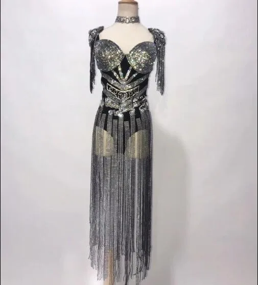 

Women Birthday Celebrate Female Singer Party Dance Costume Bright Silver Fringes Rhinestones Bodysuit Stage Sexy Luxury Leotard