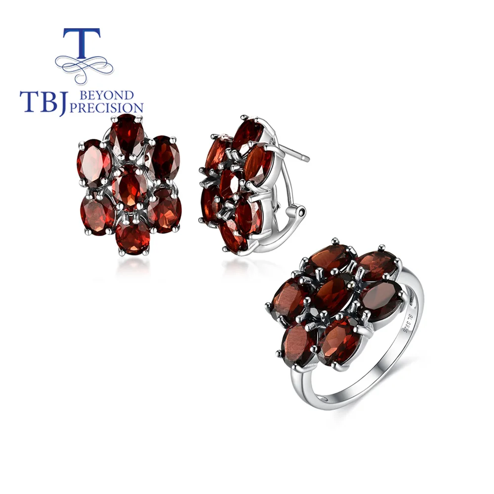 TBJ,Natural Red garnet  oval 5*7mm ring earrings Jewelry Set 925 sterling silver light luxury fashion fine jewelry for lady