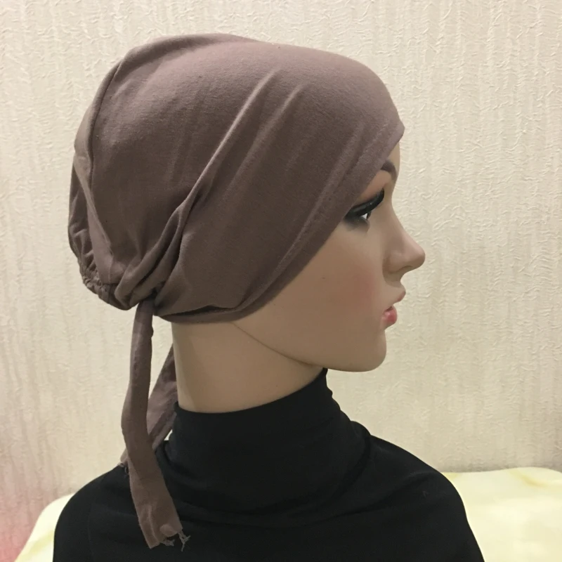 H048 Plain Cotton Tie Back Hats Muslim Turban Pure Color Stretch Inner Hijabs Underscarf Women Head Scarf Under Hijab Bonnet