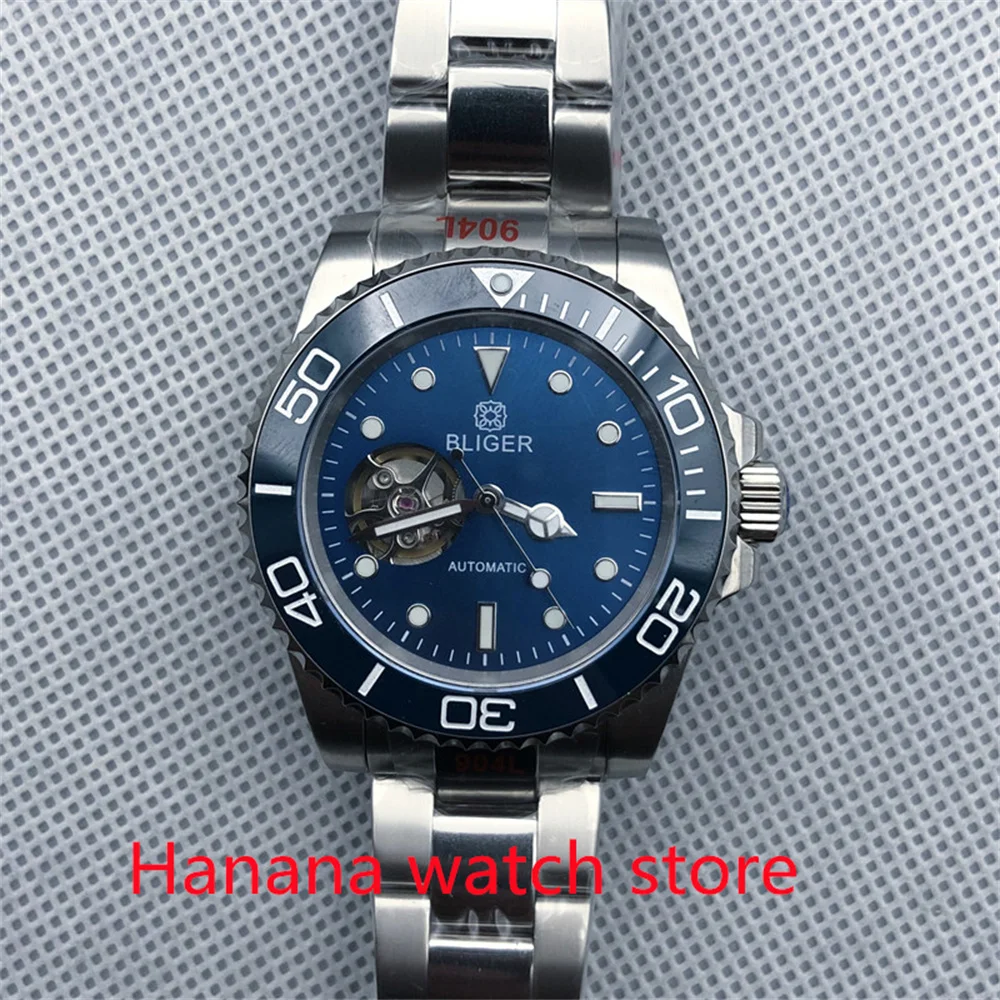 

BLIGER New 40MM NH38 Mechanical Movement Men's Sapphire Glass Green Blue Dial Stainless Steel Strap