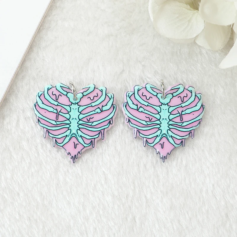 10Pcs Pastel Goth Ghost Charms Spooky Creative Acrylic Heart Skeleton Rose Butt Pendant For Earring Necklace Diy Making