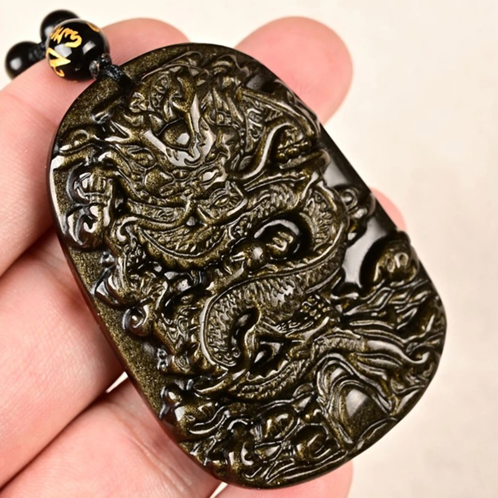 Natural Golden Obsidian Chinese Dragon Necklace Pendant Hand-carved Golden Dragon Gemstone Necklace Men's Lucky Amulet Pendant