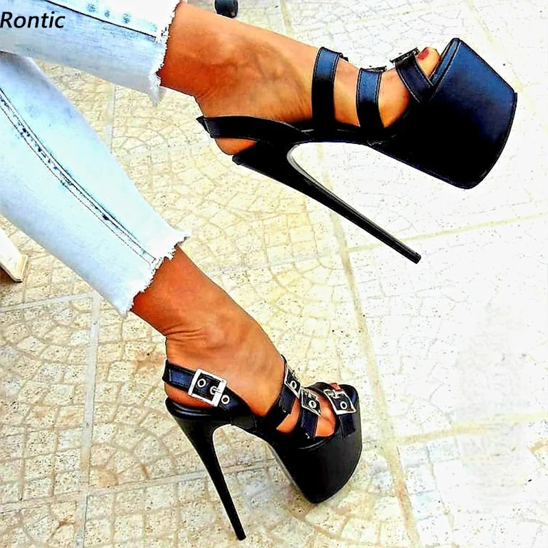 Rontic New Stylish Women Platform Sandals Unisex Buckle Sexy Stiletto Heels Open Toe Elegant Black Night Club Shoes US Size 5-20