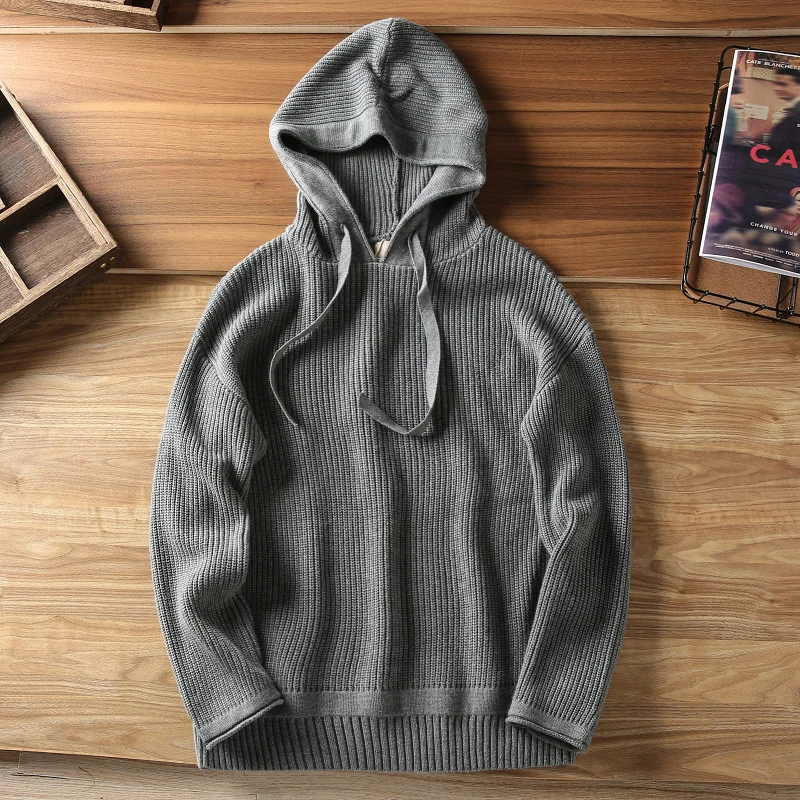 Autumn and Winter New Japanese Retro Thick Hooded Knitted Hoodies Men\'s Fashion Simple Raglan Sleeve Casual Pullover Sweater