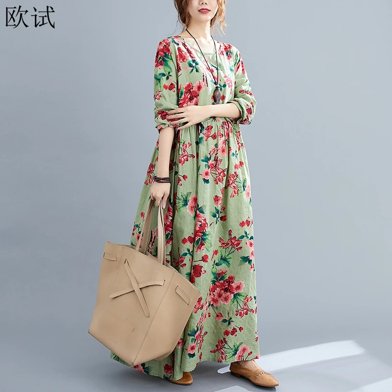 Women Vintage Floral Long Sleeve Dress Spring Autumn Oversized Woman Long Sleeve Dresses Ladies New Arrival Flower Dress 2021