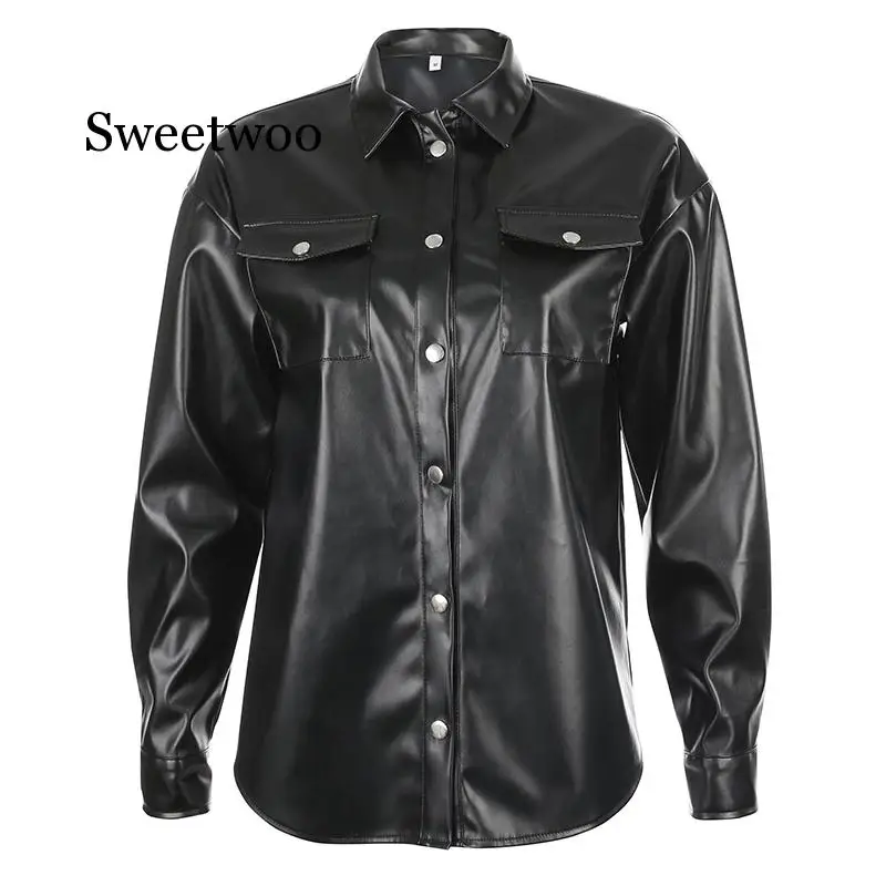 Streetwear Black PU Leather Blouse Women Cardigan Buttons Fashion Women\'s Shirt Top Long Sleeve Solid Leather Blouses