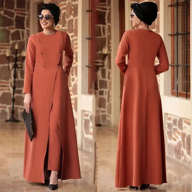 

Elegant two pieces silky muslim sets Worship service robe suits double breasted Abaya suits Tunic Jubah dubai Ramadan sets F1969