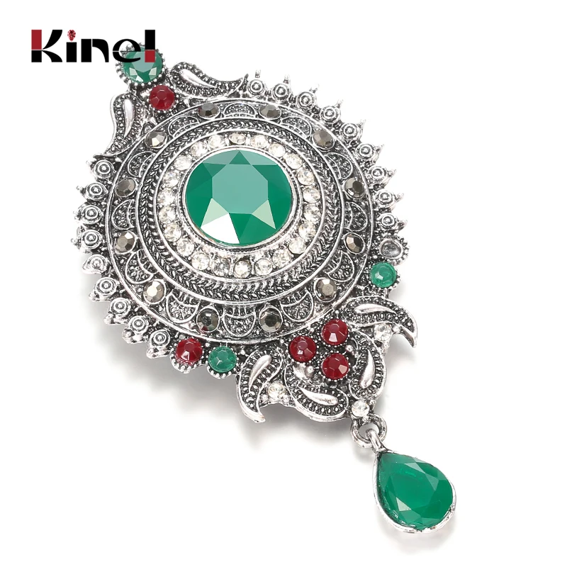 Kinel Boho Tibetan Silver Green Crystal Flower Brooch Pins Metal Scarf Clothing Christmas Gift Banquet Vintage Wedding Jewelry