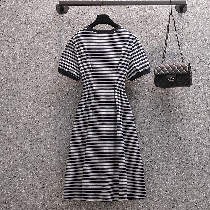 EHQAXIN Striped Dress For Women Fashion Simple Short Sleeve Loose All-Match High Waist A-Shaped T-Shirt Long Dresses L-4XL