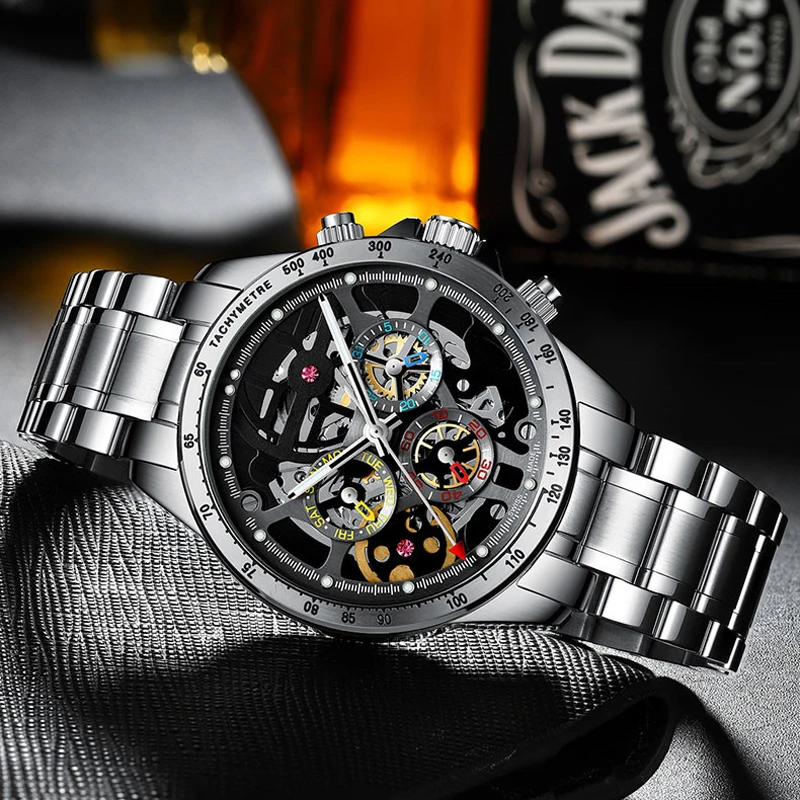 AILANG New Mens Mechanical Watch Top Brand Luxury Stainless Steel Strap Waterproof Luminous Fashion Skeleton Watch for Men