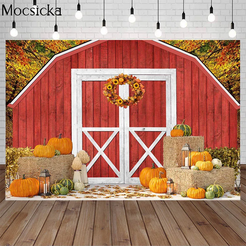 Autumn Thanksgiving Backdrop Red Barn Fall Harvest Hay Pumpkin Maple Leaf Decoration Background Birthday Portrait Photo Studio