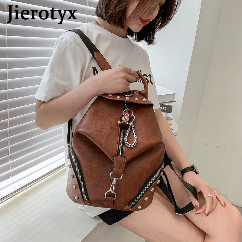 JIEROTYX Women Backpack Large Capacity Travel School Bags Fashion Punk British Style Female Rivets Shoulder Bags High Quality