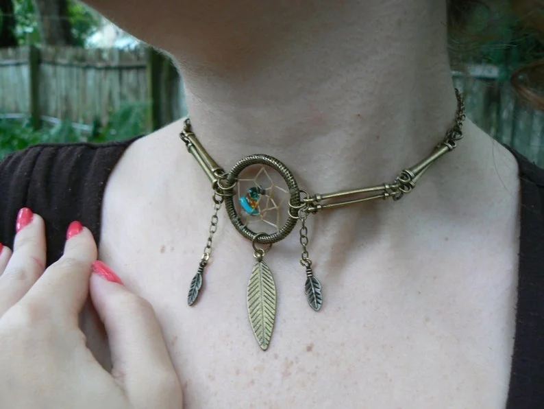 antique brass dreamcatcher necklace turquoise and amber gypsy tribal boho hippie tribal fusion style