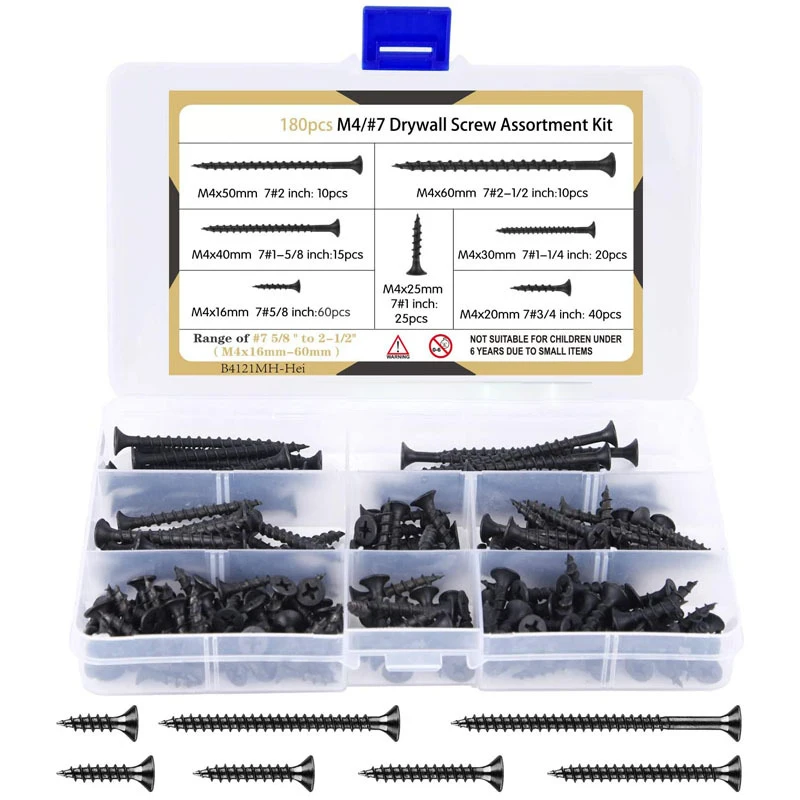 

180PCS M4 Black Cross Countersunk Flat Head Tapping Screws Hardened Drywall Nails Wood Screw Set Kit Plasterboard Screw Wall