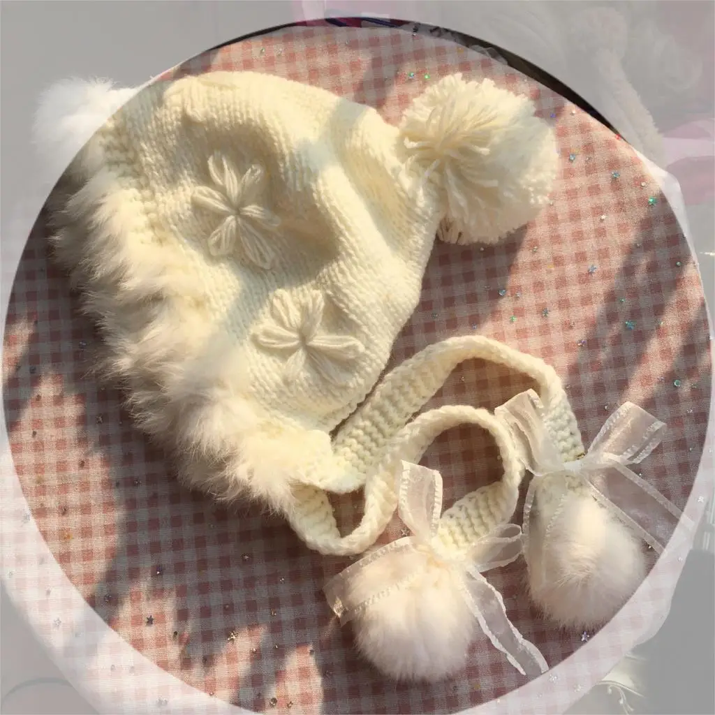 Lolita element autumn and winter warm rabbit fur ear protection hat knitted wool hat cute fur ball