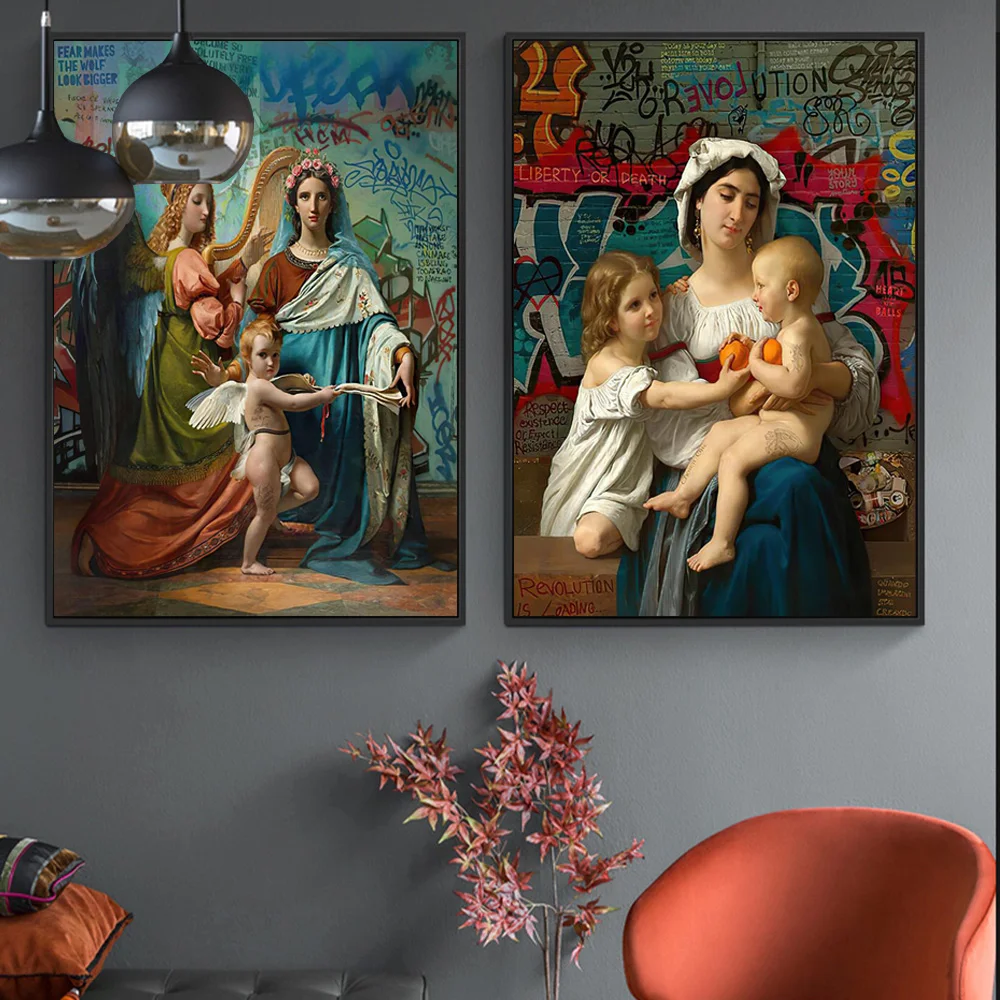 

Religion Wall Art Virgin Mary And Angel Kid Graffiti Poster Painting On Canvas Prints Decorative Mural Pictures For Living Room