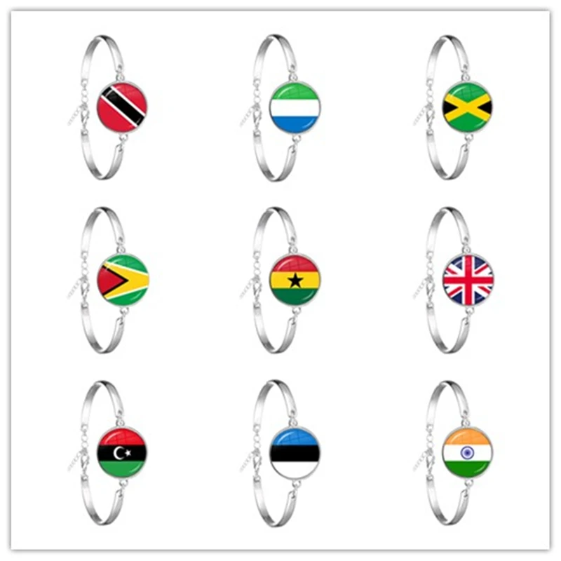 Trinidad,Sierra leone,Jamaica,Guyana,Ghana,UK,Libya,Estonia,India National Flag Glass Cabohcon Bracelet For Women Men Kids Gift