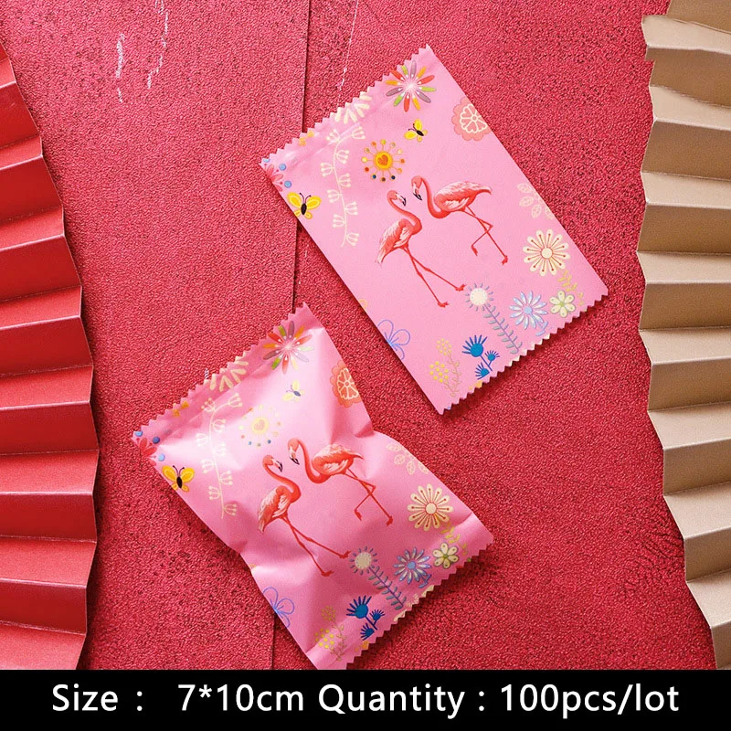 100pcs/lot Cookies Plastic Packaging Gift Bag Pink Romantic Summer Style Flamingo Flowers Wedding Party Handmade Biscuit Pack