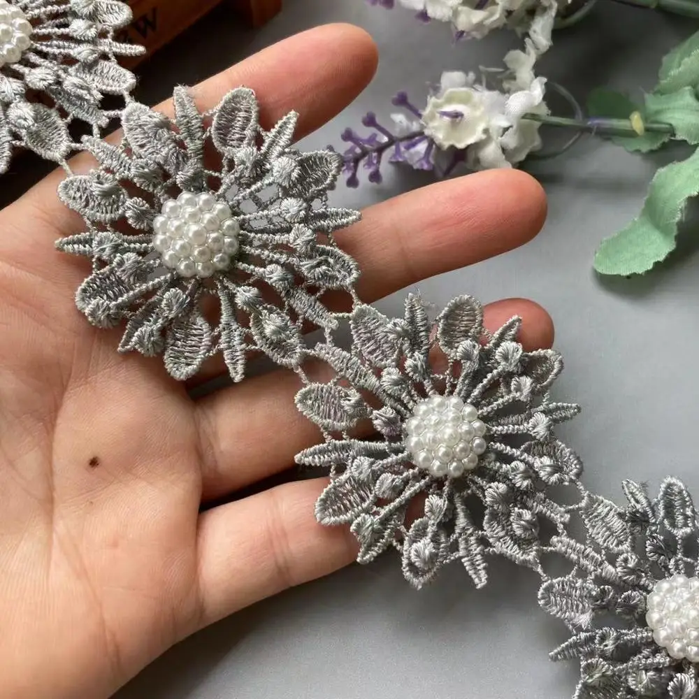 

20X Gray Pearl Flower Leaf Handmade Beaded Embroidered Lace Snowflak Trim Ribbon Applique Wedding Dress Sewing Craft 5 X 5cm Hot