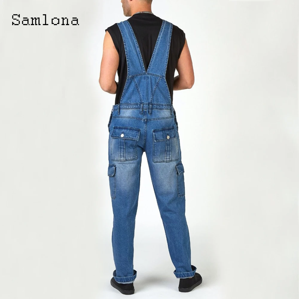 Samlona Plus Size Denim Pant Jumpsuit Mens Overalls Casual Skinny Romper Stand Pockets Overall 2024 European Style Fashion Jeans