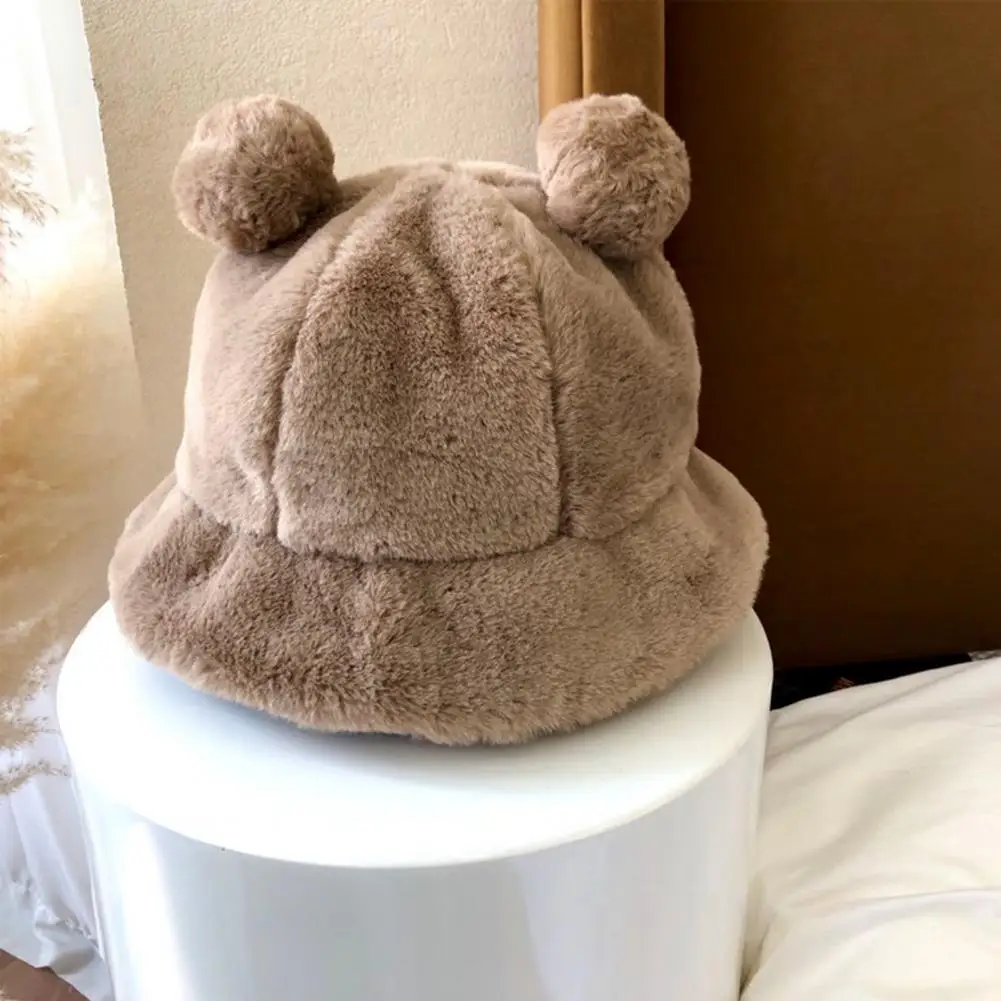 Fashion Autumn Winter Leopard Fur Bucket Hat Bear Ear Ball Plush Fisherman Hat Soft Warm Thick Basin Hat Bucket Hats