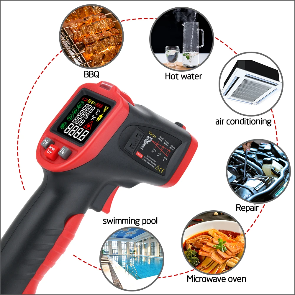 RZ Infrared Thermometer Non-contact Digital IR Thermometer Gun Laser Temperature Meter Pyrometer Hygrometer Colorful LCD Alarm