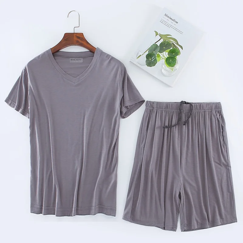 Size 8XL 150KG Summer Soft Casual Modal Home Wear Set Short Sleeve V Neck Men Pajamas Sets Comfortable Sleep Wear Workout Shorts