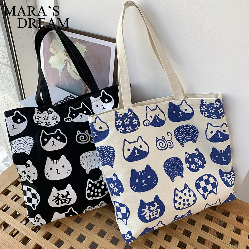 Mara\'s Dream Women Canvas BagsCat Print Tote Shopping Bags Casual Cloth Shoulder Bag For Girls Ladies Shopper Bags With Zipper