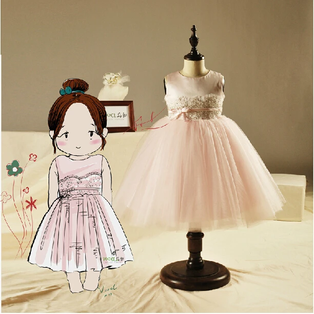 o-neck pink tulle lace sashes button flower girl Dresses for weddings 2016 first communion dresses for girls tea-length beading