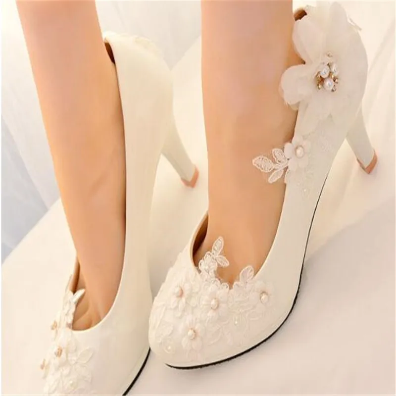 Classic white lace flower wedding shoes woman high heels 2019 women low heels bridal shoes female shoes plus size 41 42