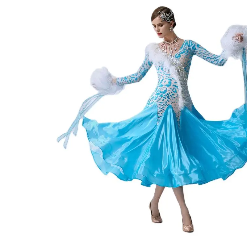 B-1999 Blue ballroom dance dresses, vestiti da ballo standard donna waltz dress for adult