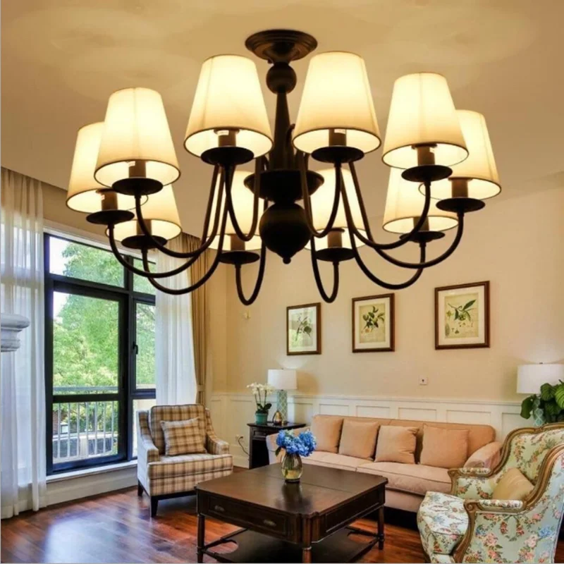 Black Rustic Chandelier Ameican Style wrought iron chandelier with Lampshade Dining room Bedroom Hotel Salon Hanging Lamp