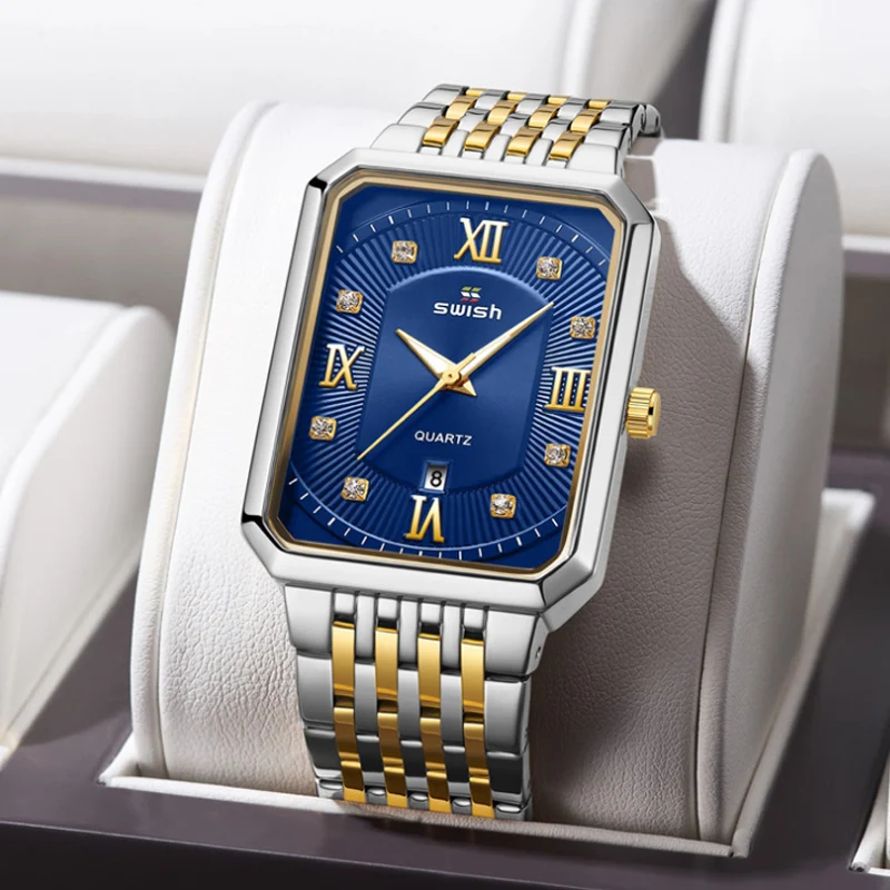 Men's Rectangular Fine Steel Band Watch Waterproof Calendar Sports Quartz Watch Multifunctional Fashion Non Mechanical Watch